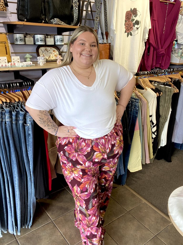 Floral elastic waist smocked pant XL/1X