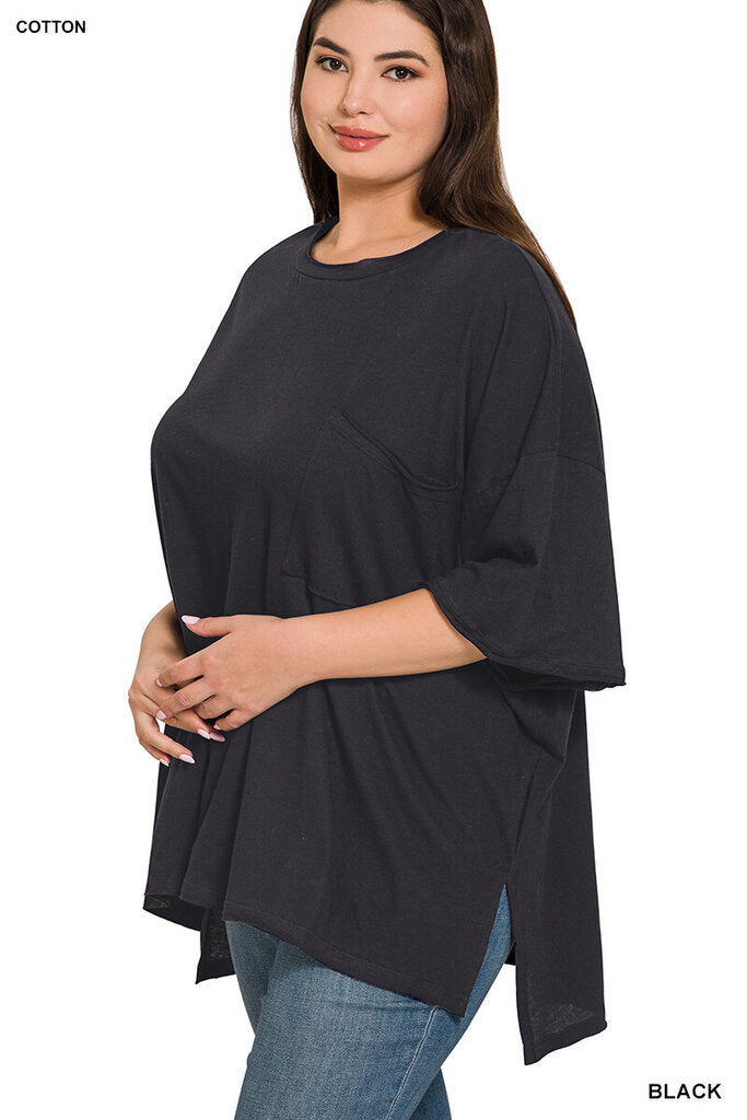 Cotton oversized front pocket raw edge top 3X