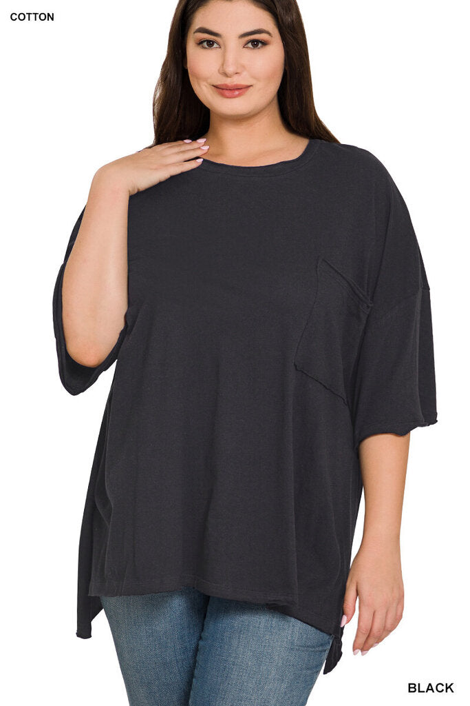 Cotton oversized front pocket raw edge top 3X