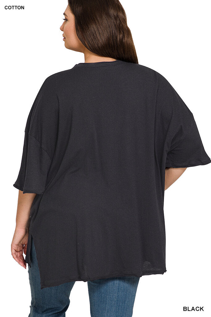 Cotton oversized front pocket raw edge top 1X