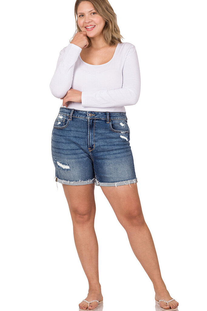 Distress cuffed raw hem denim short 3X