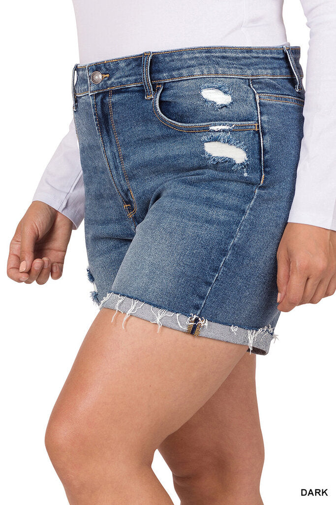 Distress cuffed raw hem denim short 3X