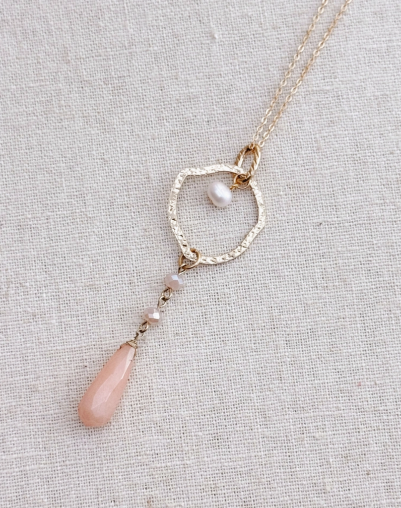 Gold Peach Aventurine, Crystal & Pearl Pendant Necklace