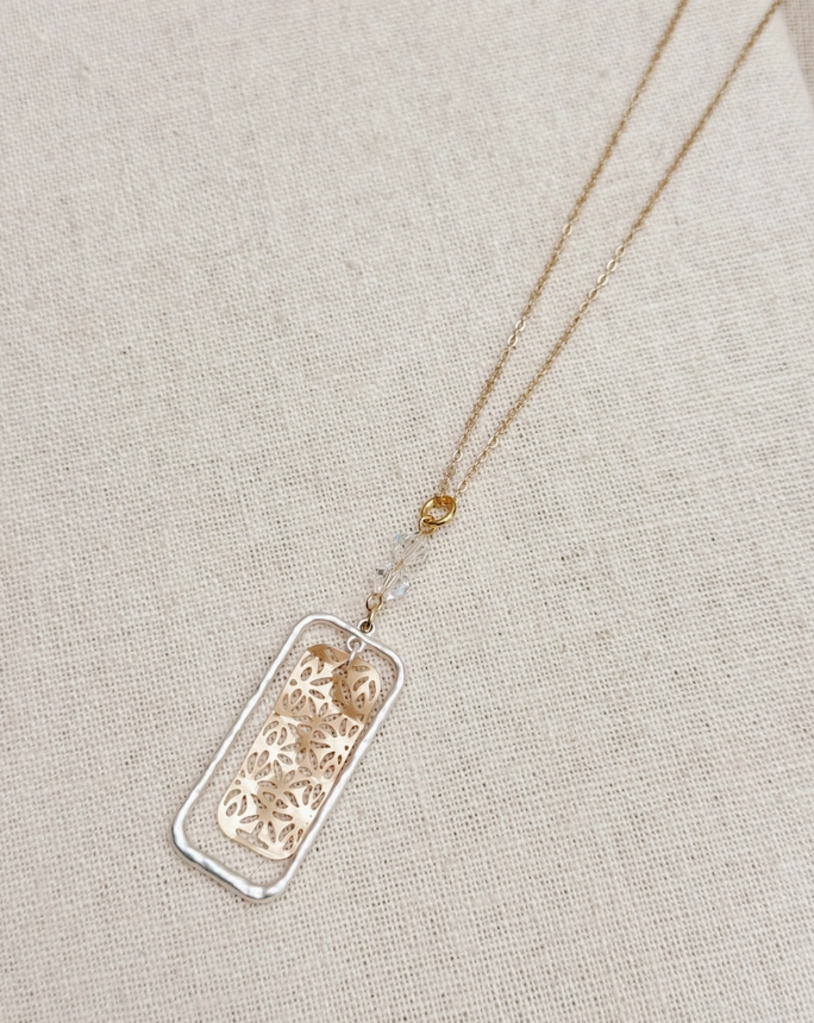 Gold & Silver Filigree Crystal Contrast Pendant Necklace