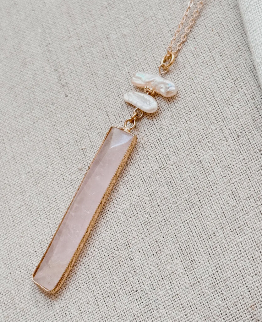 Matte Gold Keshi Pearl Rose Quartz Bar Pendant Long Necklace