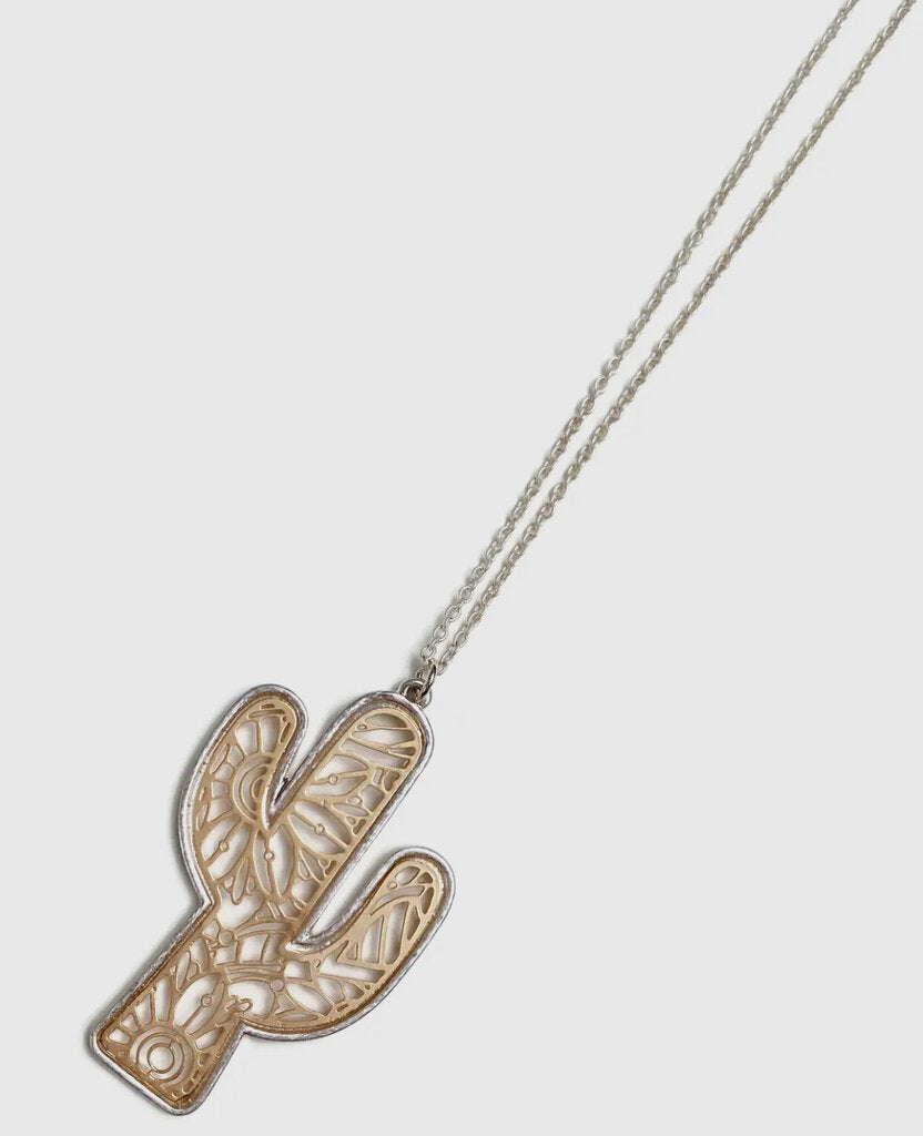 Matte Two Tone Cactus Filigree Western Pendant Necklace