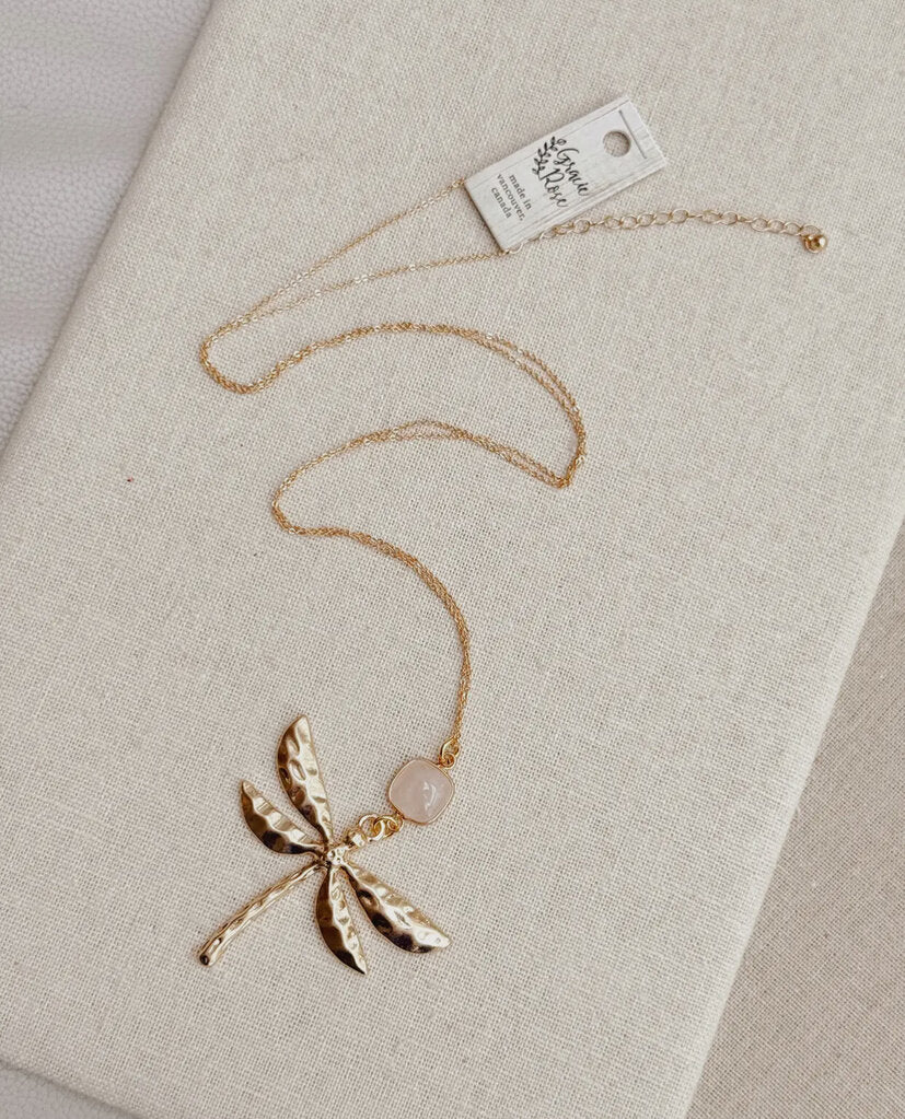 Matte Gold Rose Quartz Dragonfly Pendant Long Necklace