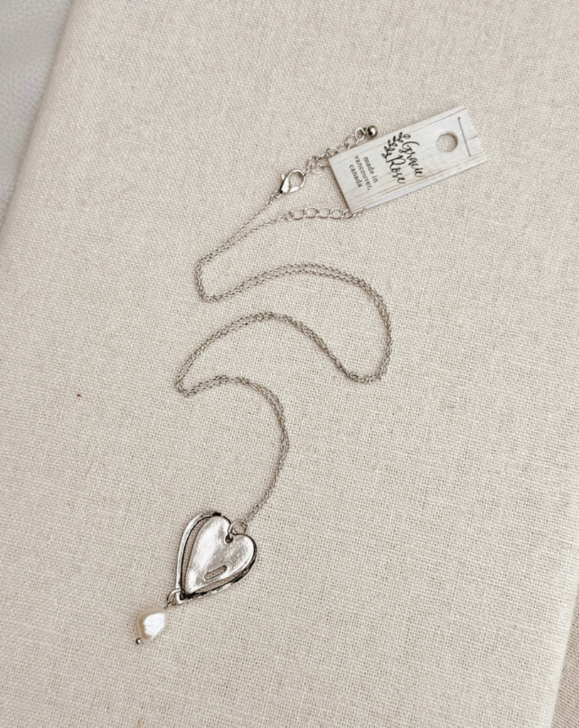 Silver Freshwater Pearl Double Heart Pendant Necklace