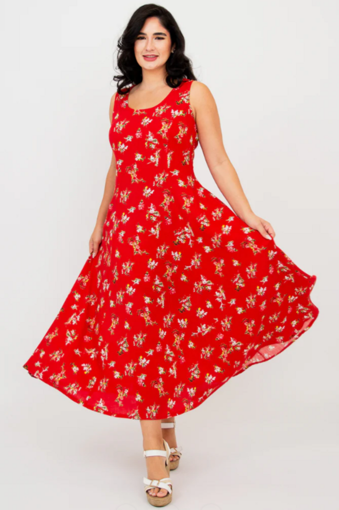 Sara Maxi Dress, Red Ditsy, Linen Bamboo Large