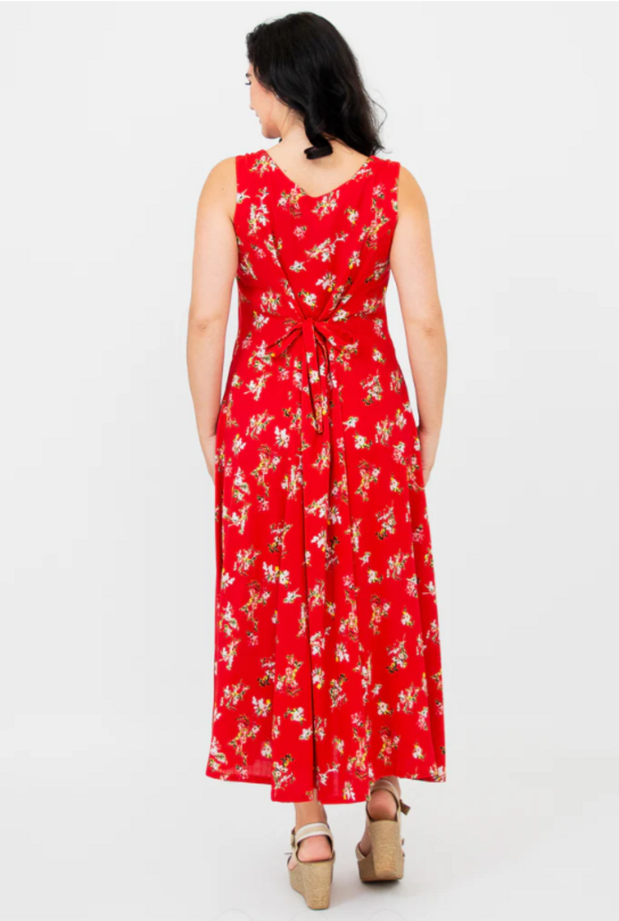 Sara Maxi Dress, Red Ditsy, Linen Bamboo Large