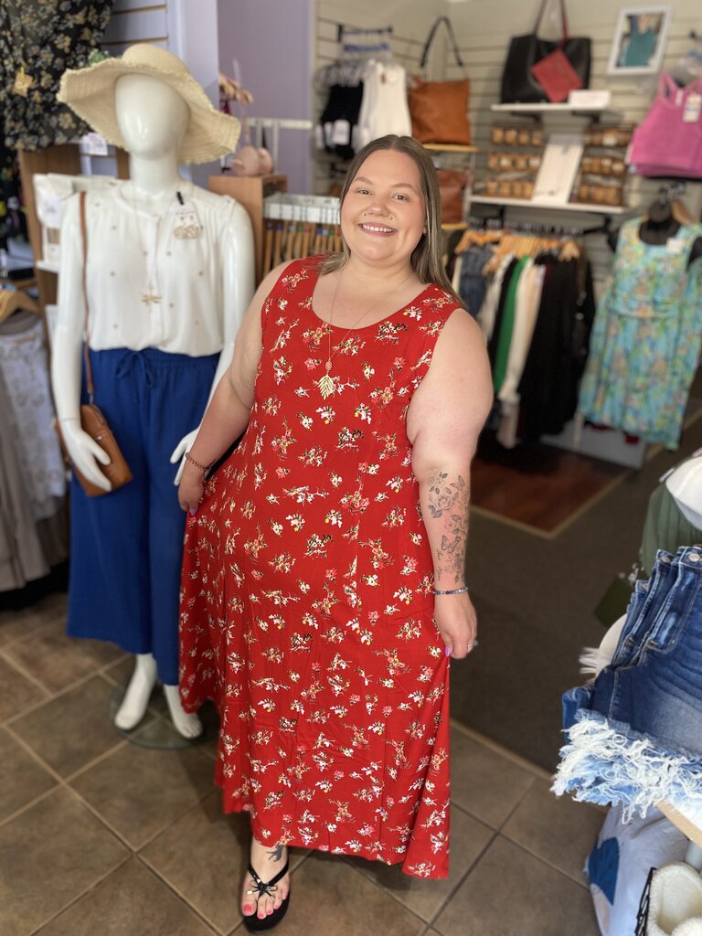 Sara Maxi Dress, Red Ditsy, Linen Bamboo Large