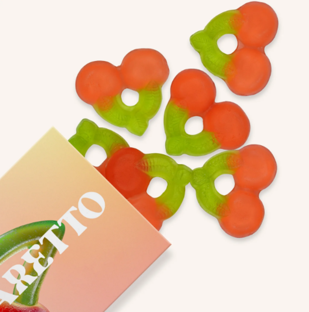 Amaretto Cherry Gummies, Chewy Candies, Alcohol-Free