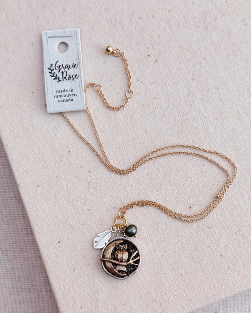 Owl and Moon Pearl Talisman Charm Necklace