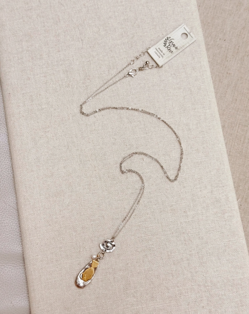 Layered Cat Charm & Freshwater Pearl Pendant Necklace