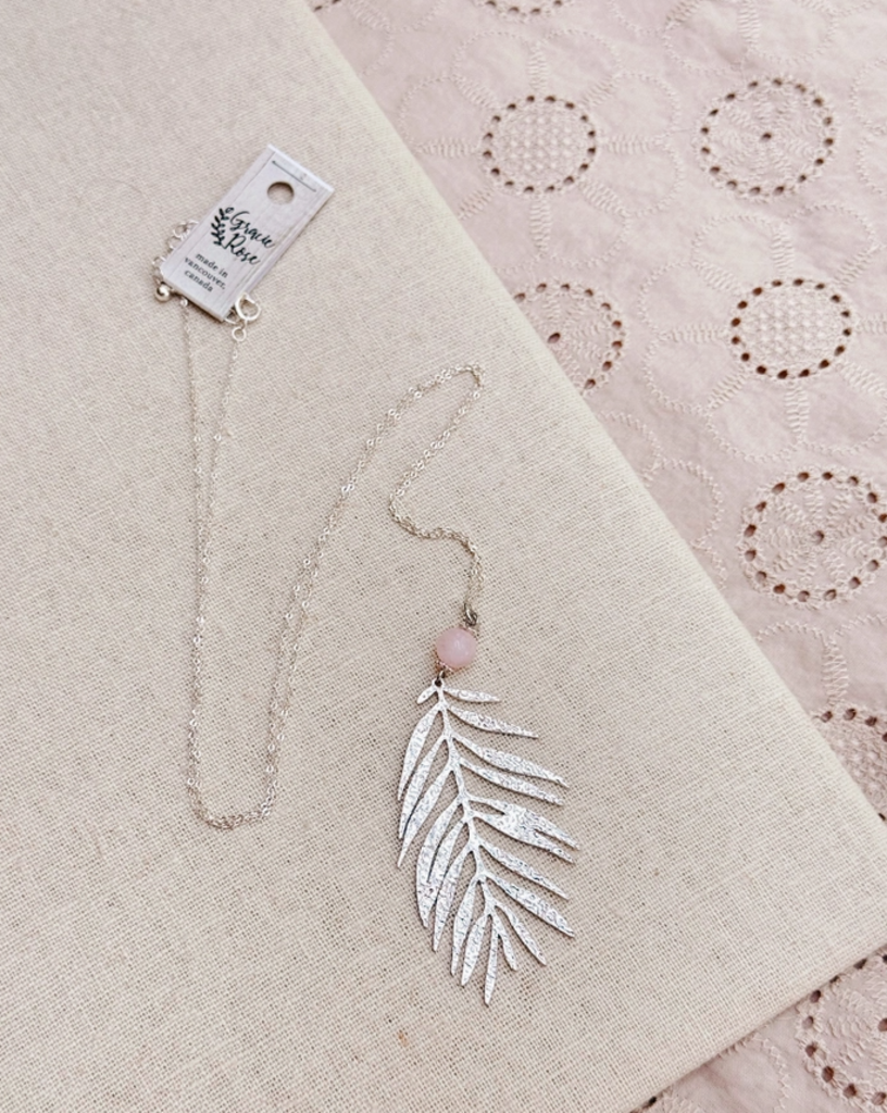 Rose Quartz Palm Leaf Pendant Necklace on Silver Chain