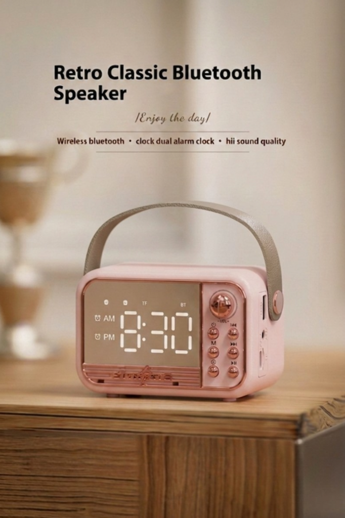 Digital Alarm Clock Retro Bluetooth Speaker (Pink)