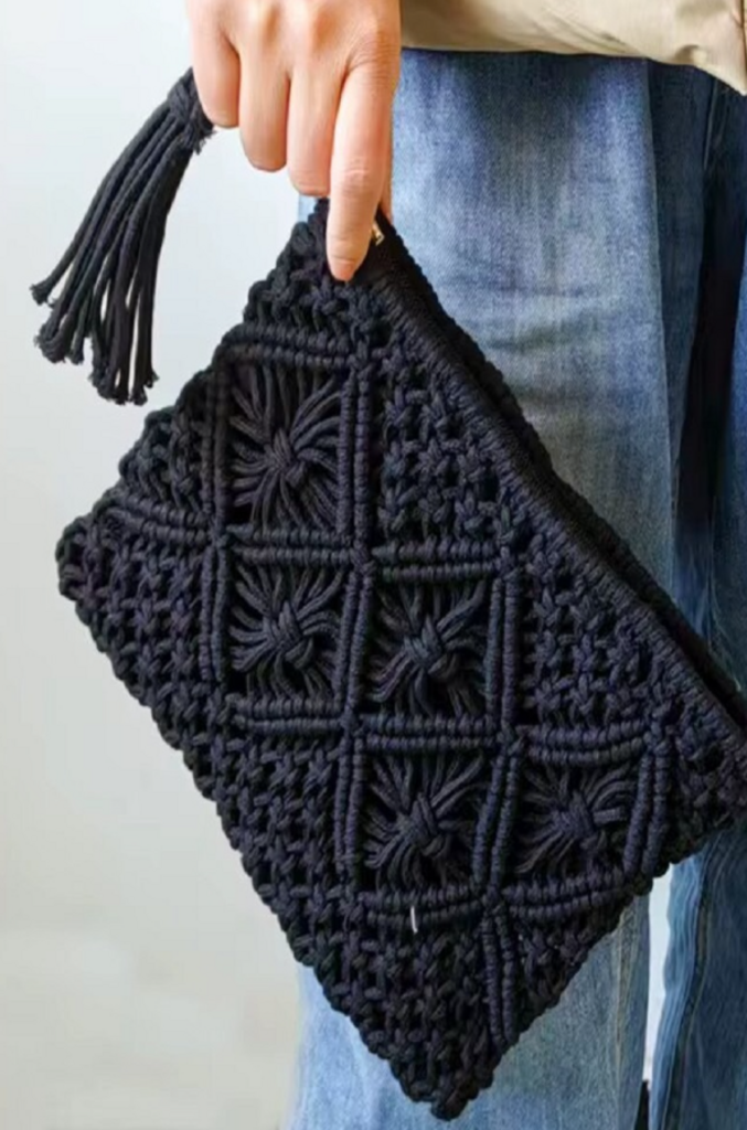 Bohemian Tassel Crochet Clutch - Black