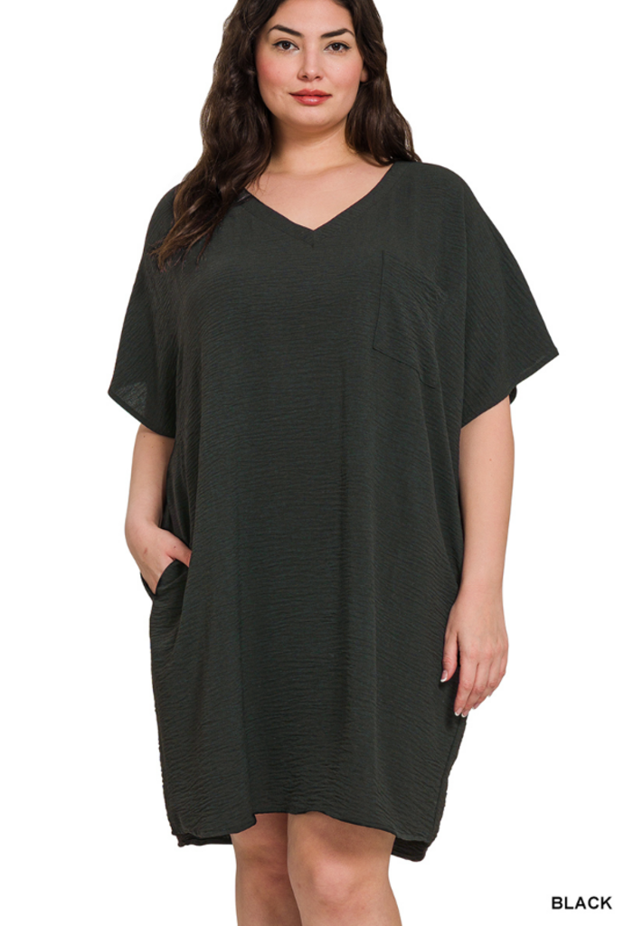 Woven Airflow V Neck T Shirt Dress With Pockets
