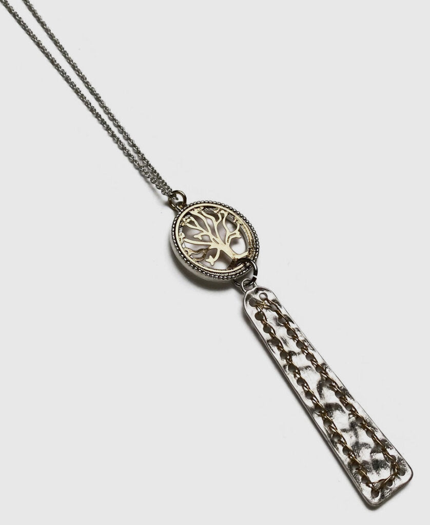 Matte Gold & Silver Tree of Life Drop Pendant Necklace