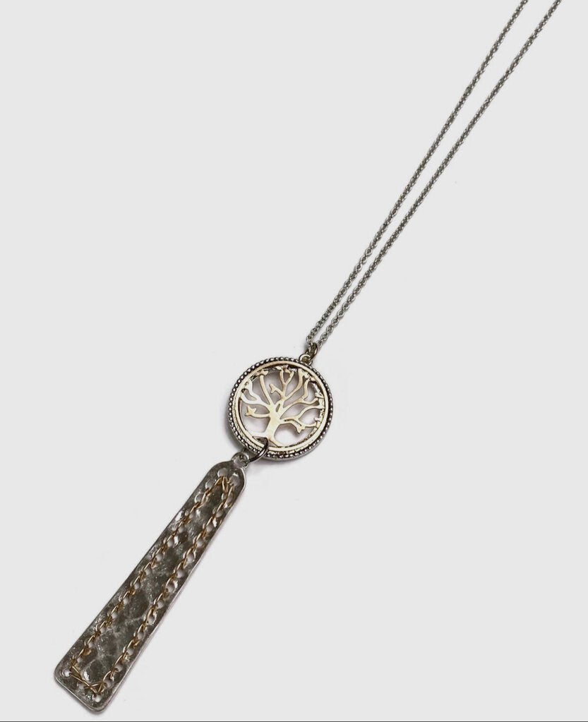 Matte Gold & Silver Tree of Life Drop Pendant Necklace