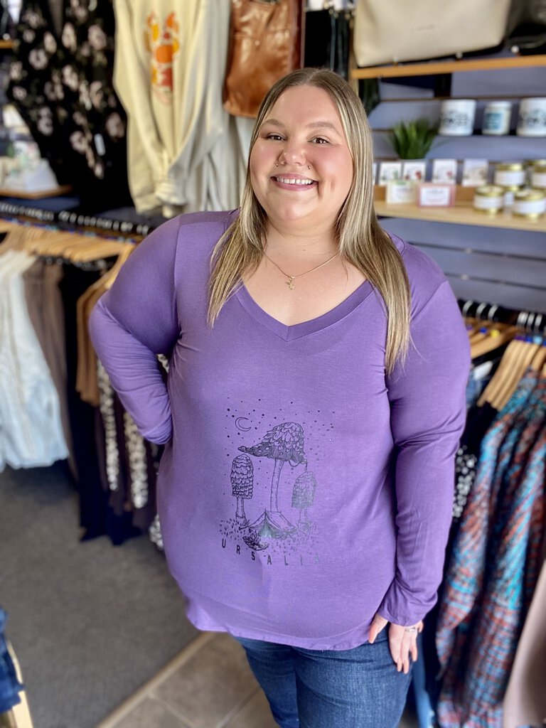 Ursalia Mushroom Camping Rayon long sleeve v-neck hem top 3x