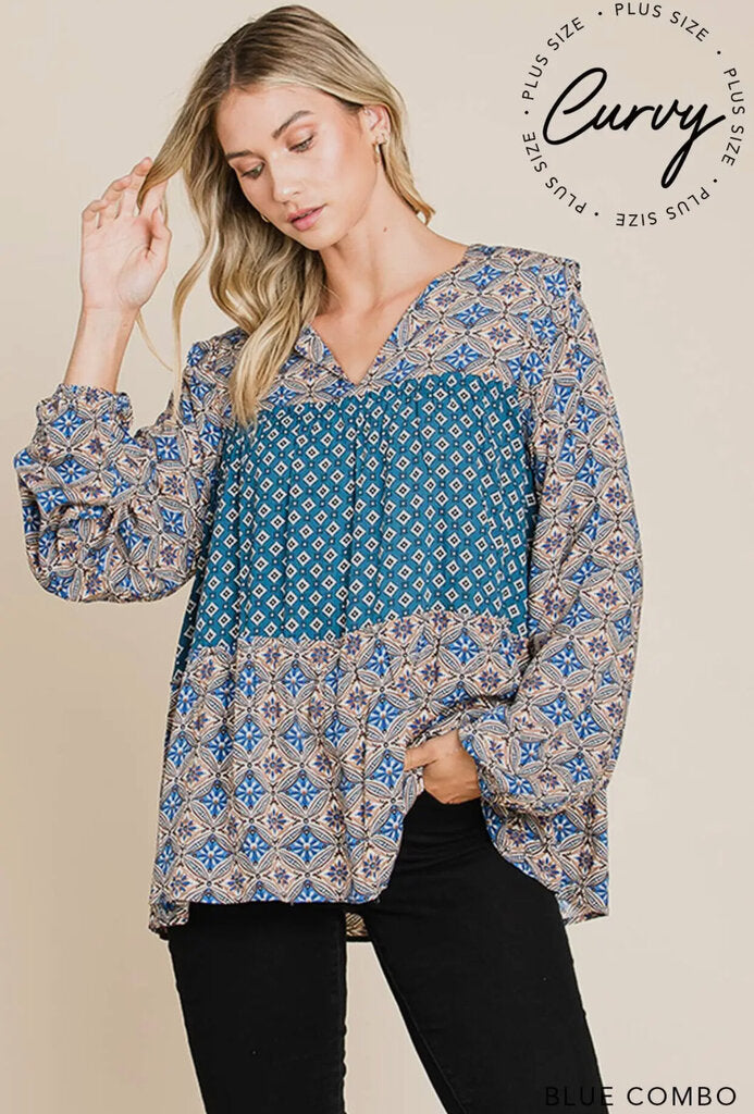 Boho print mix & match tiered top 3X