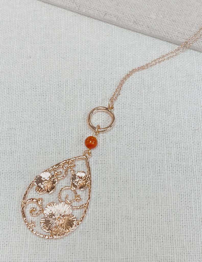 Romantic gold carnelian floral teardrop pendant necklace