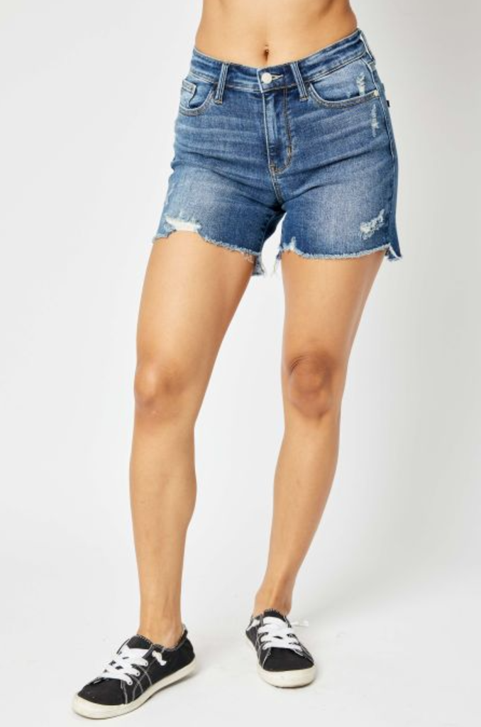 Mid Rise hi low hem destroyed shorts 1x