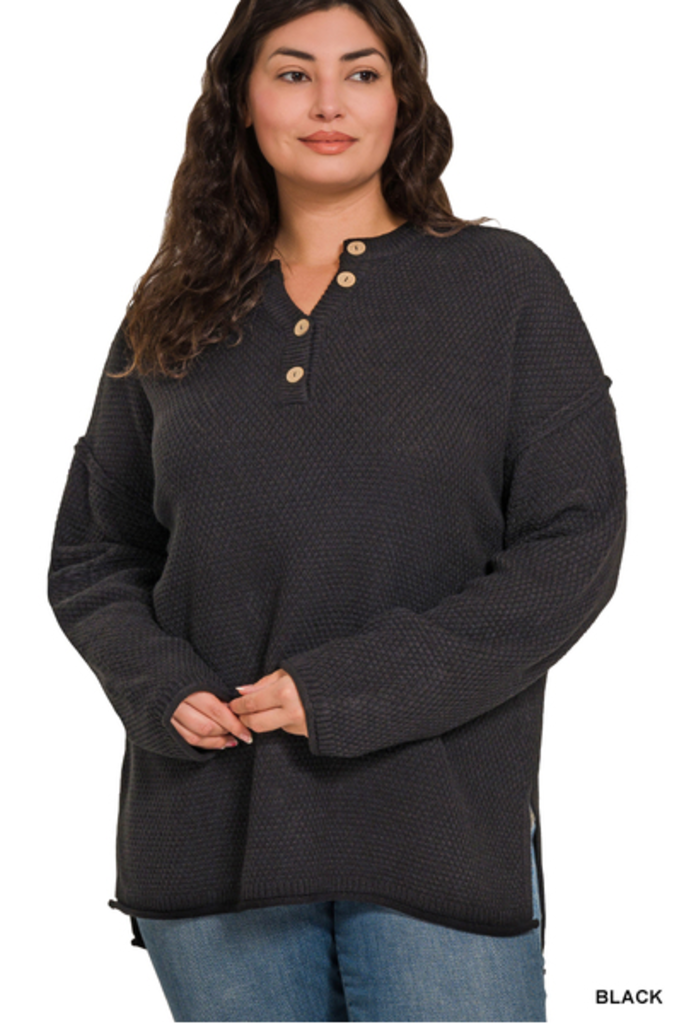 Henley Button Neckline Basic Sweater 2X/3X