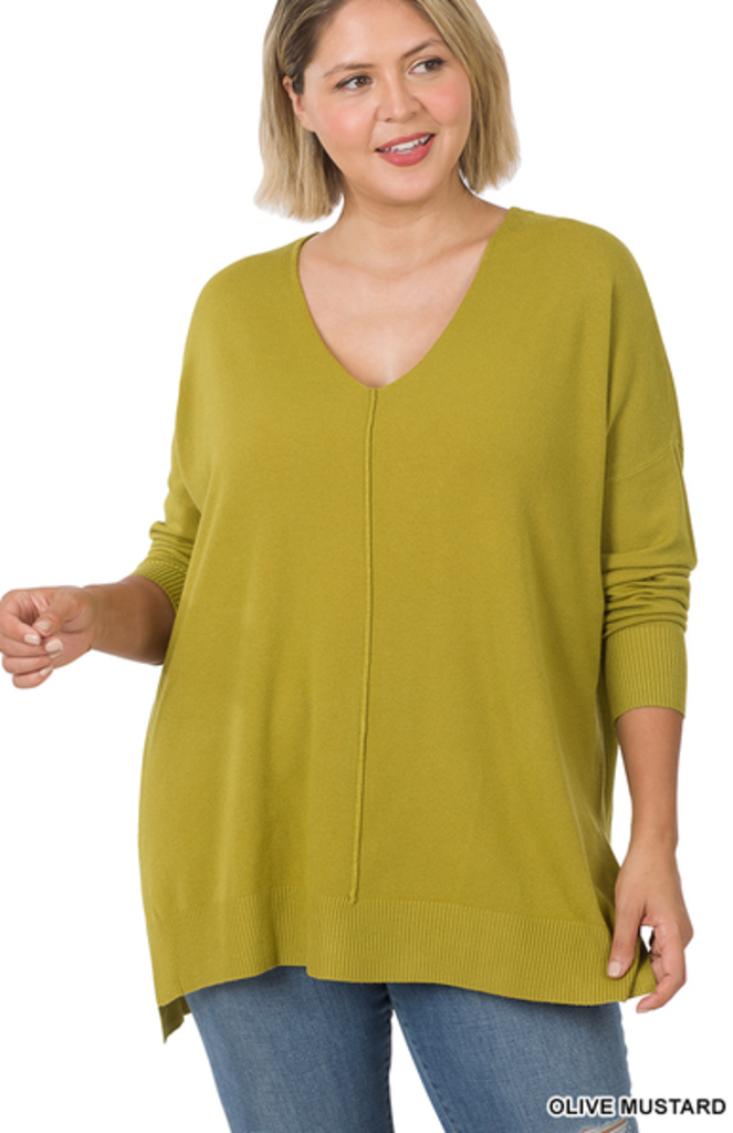 Hi-Low hem v-neck center seam sweater 2X