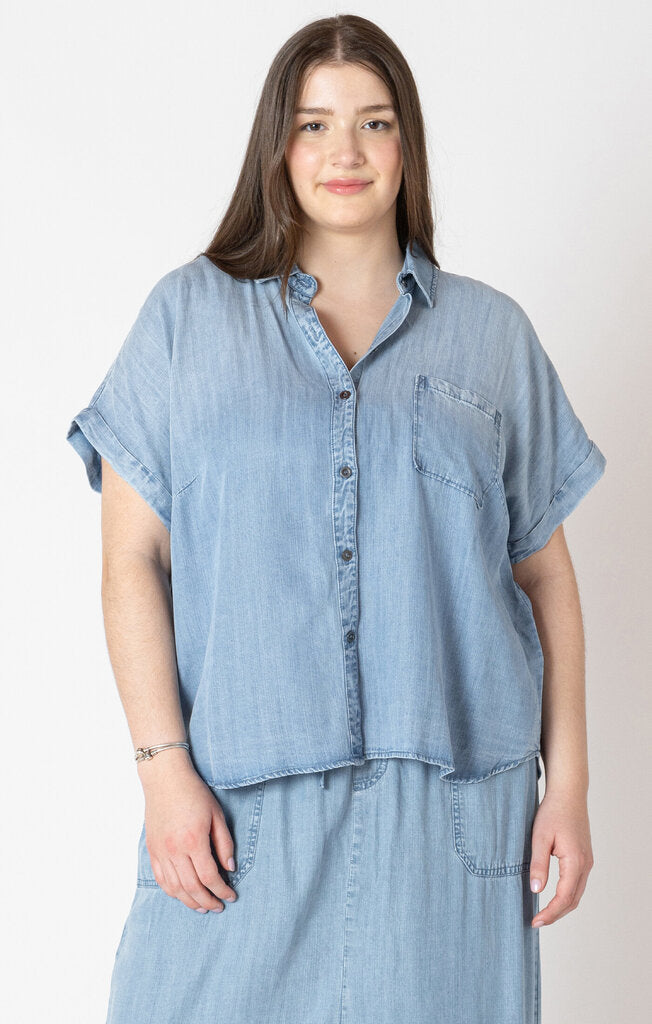 Button Down Denim Blouse-Dex Plus-2X