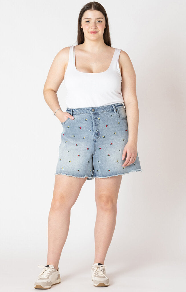 Frayed hem embroidered denim shorts 1x