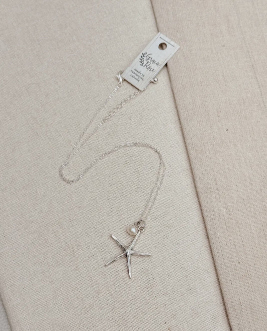 Beachy Rhodium Freshwater Pearl Starfish Charm Necklace
