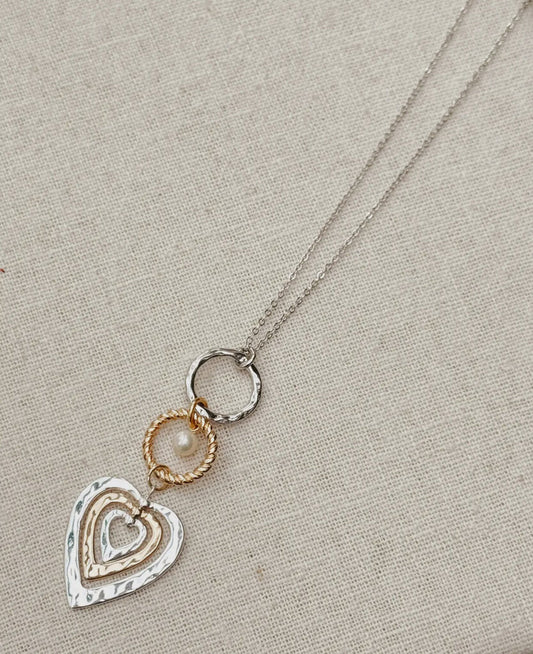 Freshwater Pearl Radiant Love Hearts Pendant Long Necklace