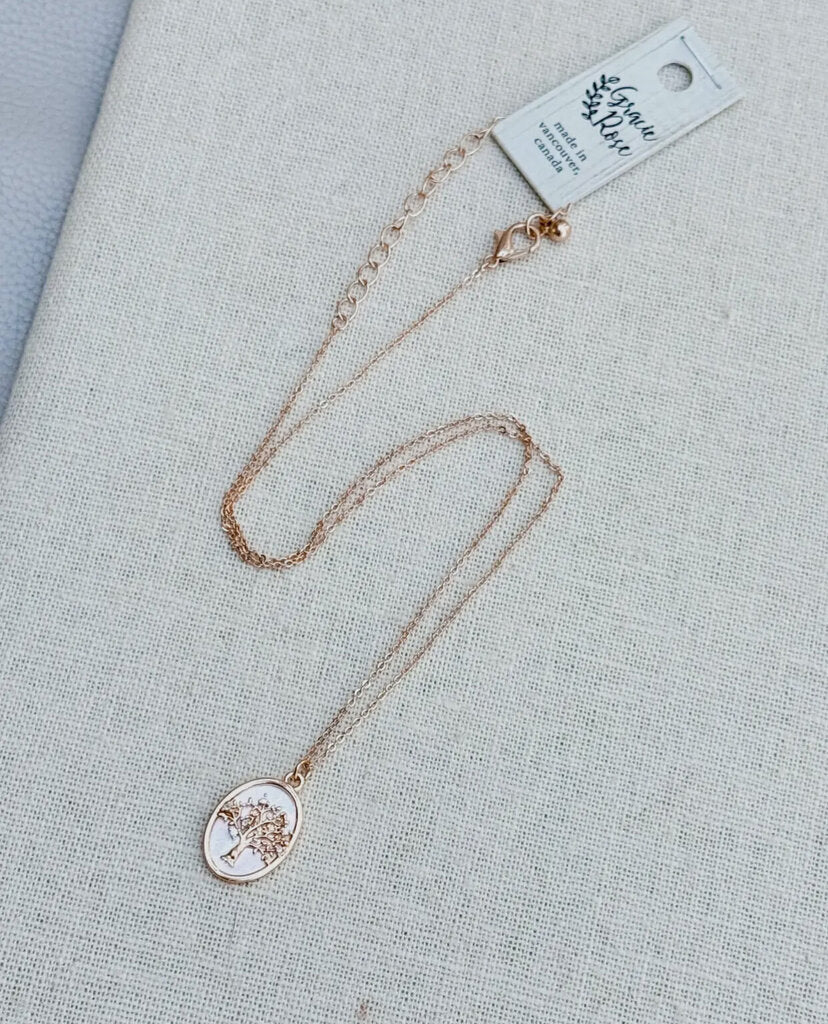 Gold Mother of Pearl Shell & Tree of Life Pendant Necklace