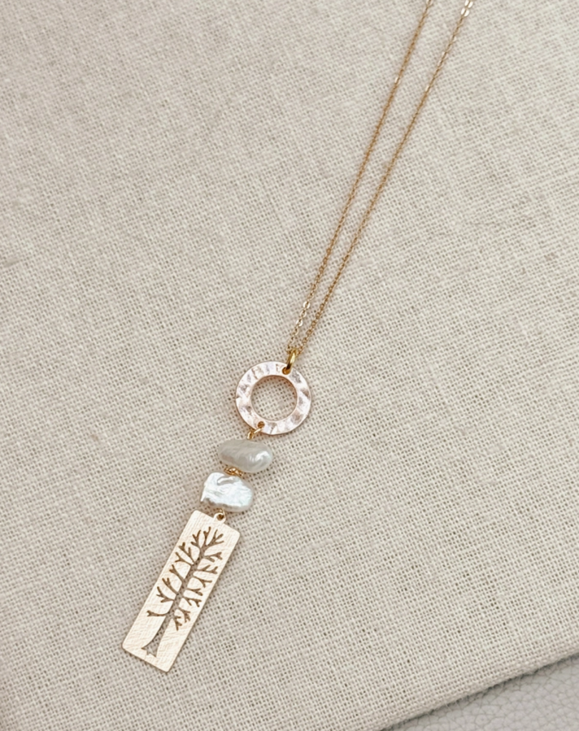 Keshi Freshwater Pearl Tree Charm Pendant Long Gold Necklace