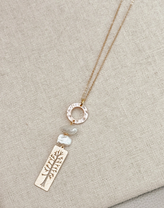 Keshi Freshwater Pearl Tree Charm Pendant Long Gold Necklace