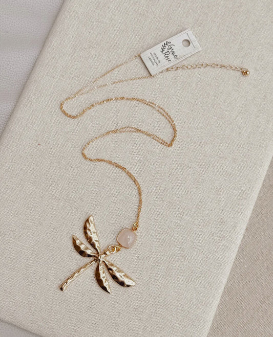 Matte Gold Rose Quartz Dragonfly Pendant Long Necklace