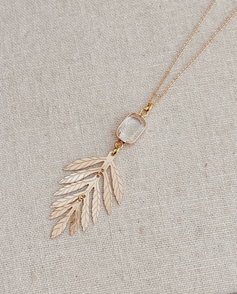 Minimalist Crystal Quartz Dangling Leaf Pendant Necklace