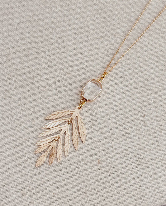 Minimalist Crystal Quartz Dangling Leaf Pendant Necklace