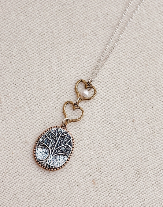 Romantic Hearts & Pearl Tree Talisman Pendant Necklace