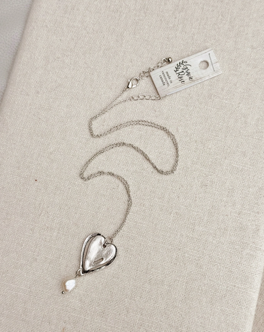 Silver Freshwater Pearl Double Heart Pendant Necklace