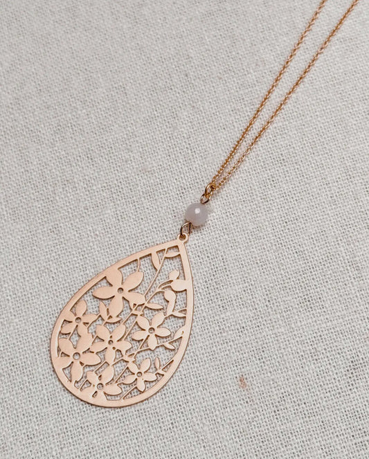Spring Flower Garden Rose Quartz Teardrop Pendant Necklace-Gold
