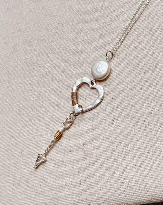 Two Tone Freshwater Pearl Heart Arrow Love Pendant Necklace