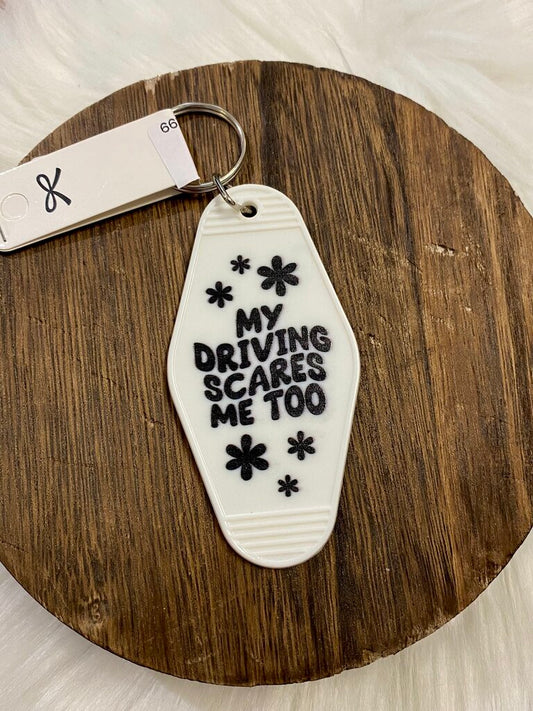 Motel Key Keychain-Driving scares me