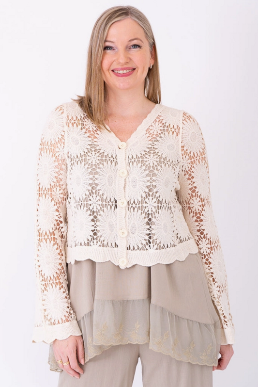 Crochet Sweater, Natural, Cotton Large