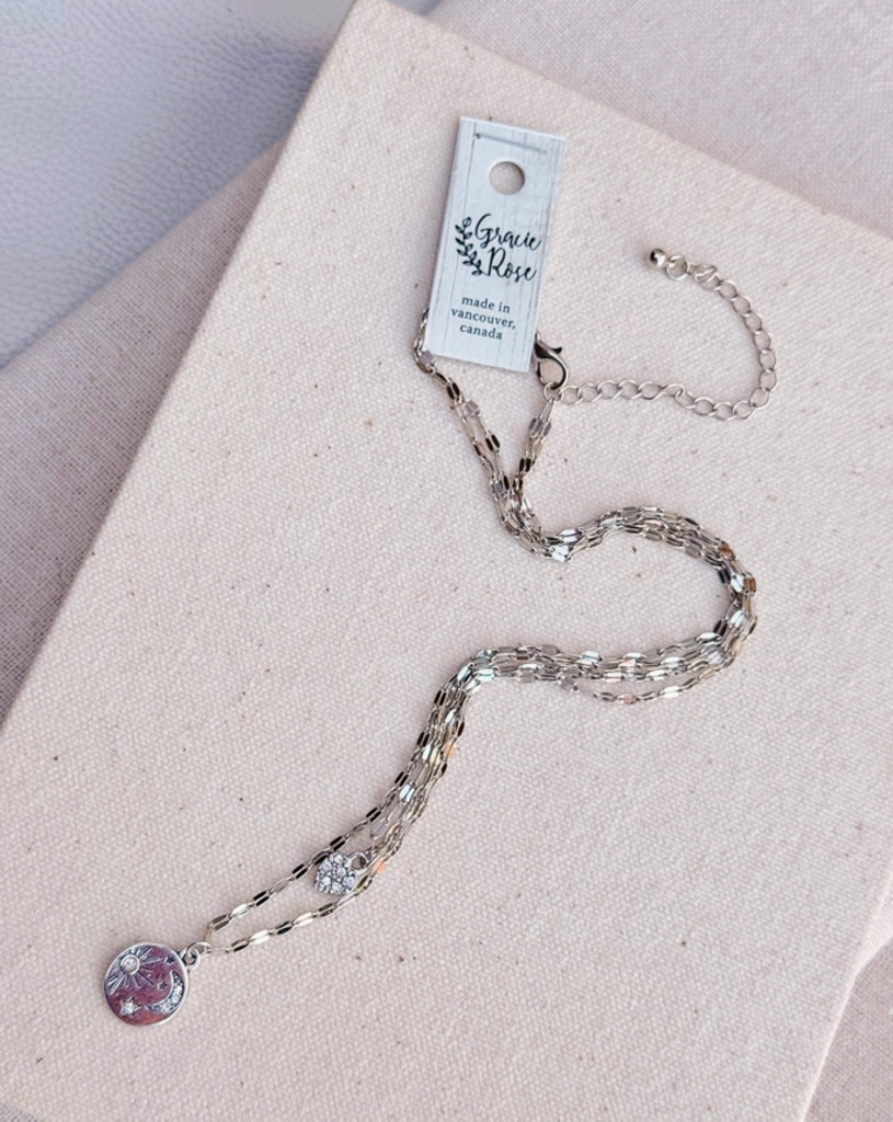 Silver Sun Moon Heart Double Charm Layered Necklace
