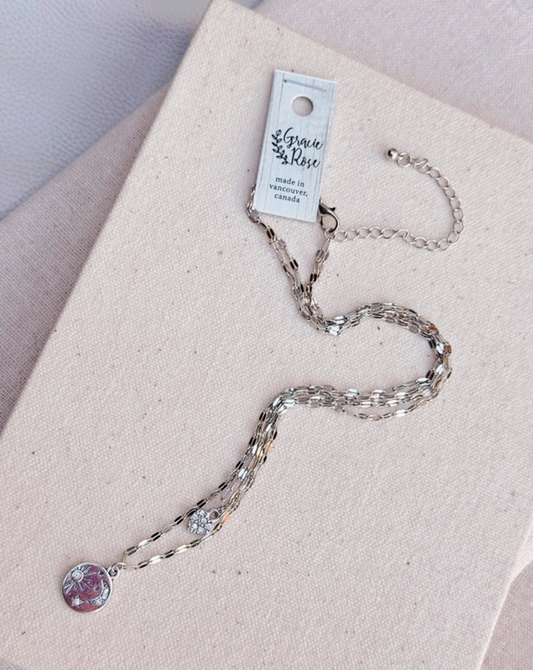Silver Sun Moon Heart Double Charm Layered Necklace