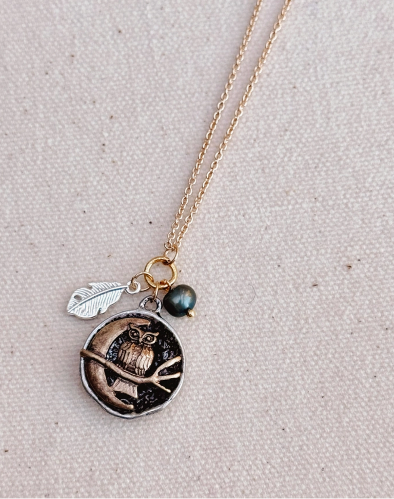 Owl and Moon Pearl Talisman Charm Necklace