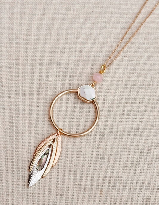 Rose Quartz Howlite Feather Pendant Necklace